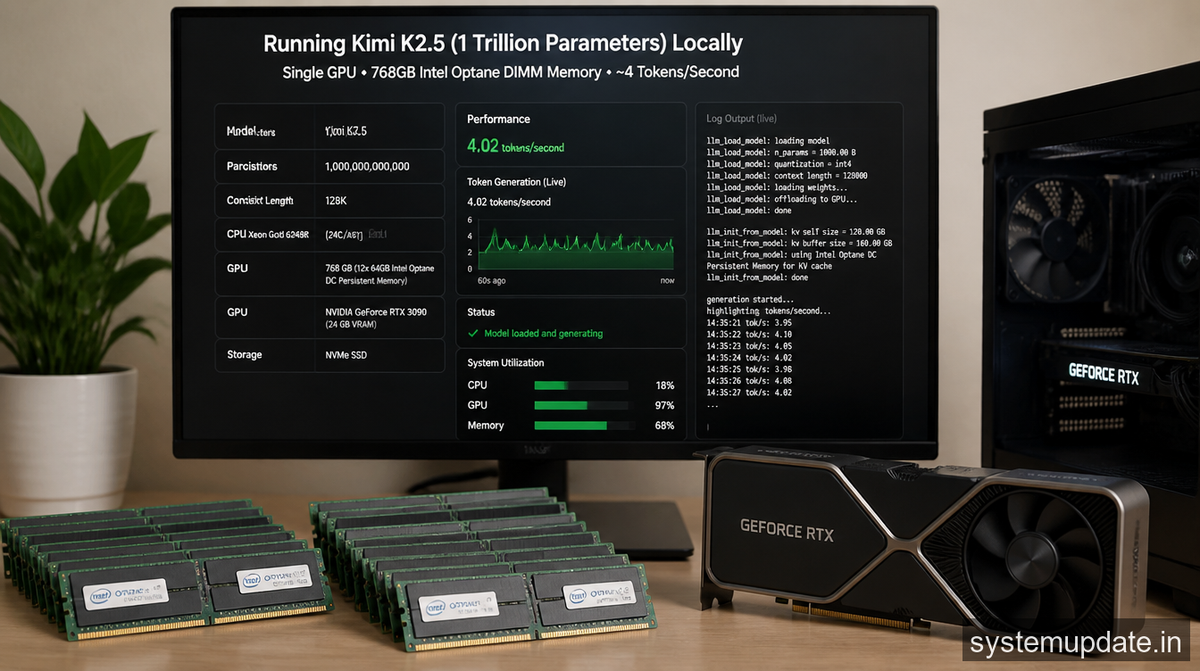 768GB of cheap Intel Optane DIMM memory sticks used to run 1-trillion-parameter LLM on a system with a single GPU — local Kimi K2.5 install achieved roughly 4 tokens per second